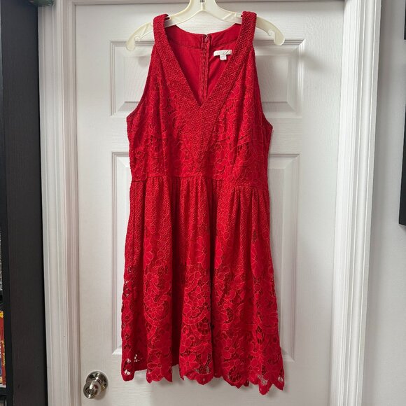 New York & Co Dress Women's Red Lace V-neck Sleeveless Floral Zip Back size 16 - Picture 1 of 11